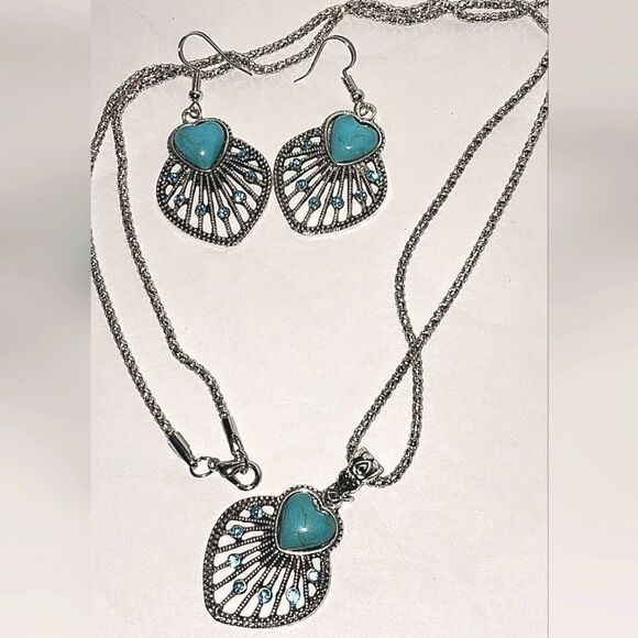 Vintage Ladies Boho Jewelry Set Hollow Leaf Shaped Inlay Heart Shape Stone - Picture 10 of 14